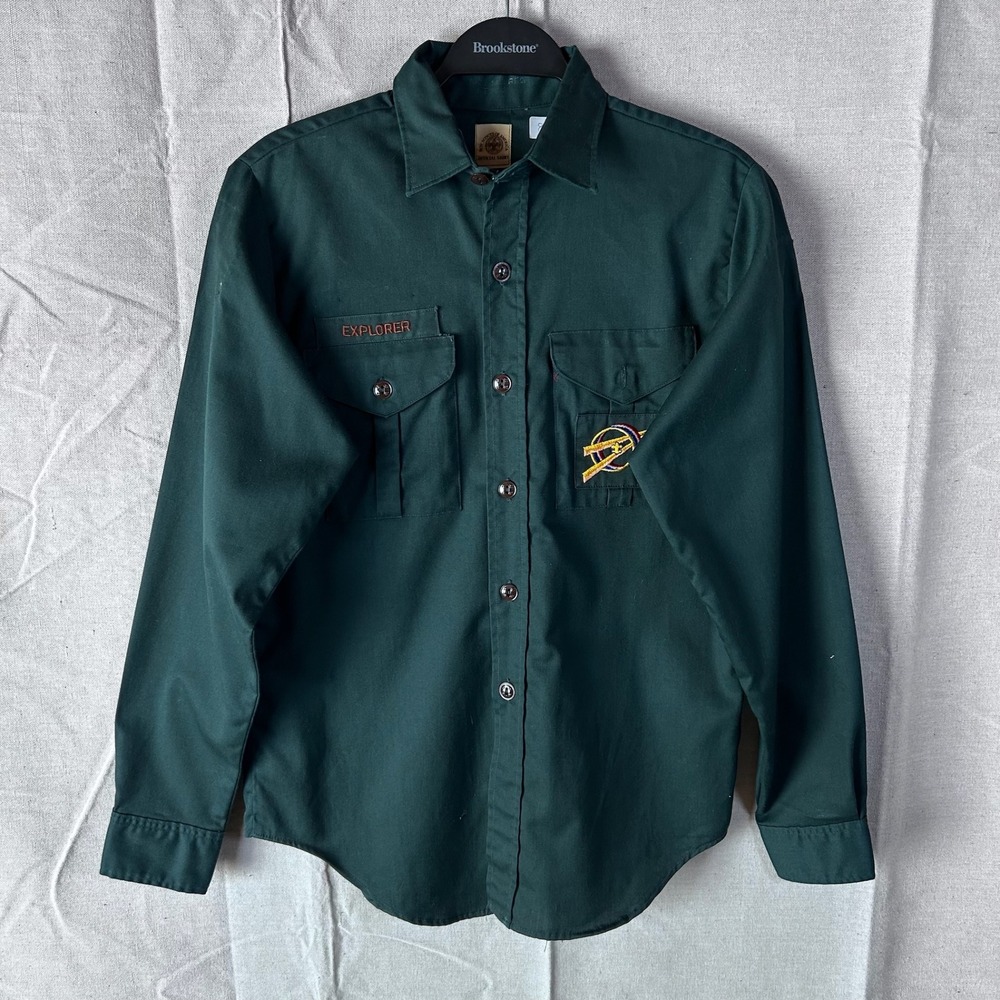 Boy Scouts of America Explorer Official Shirt Green Long Sleeve Button Up Small